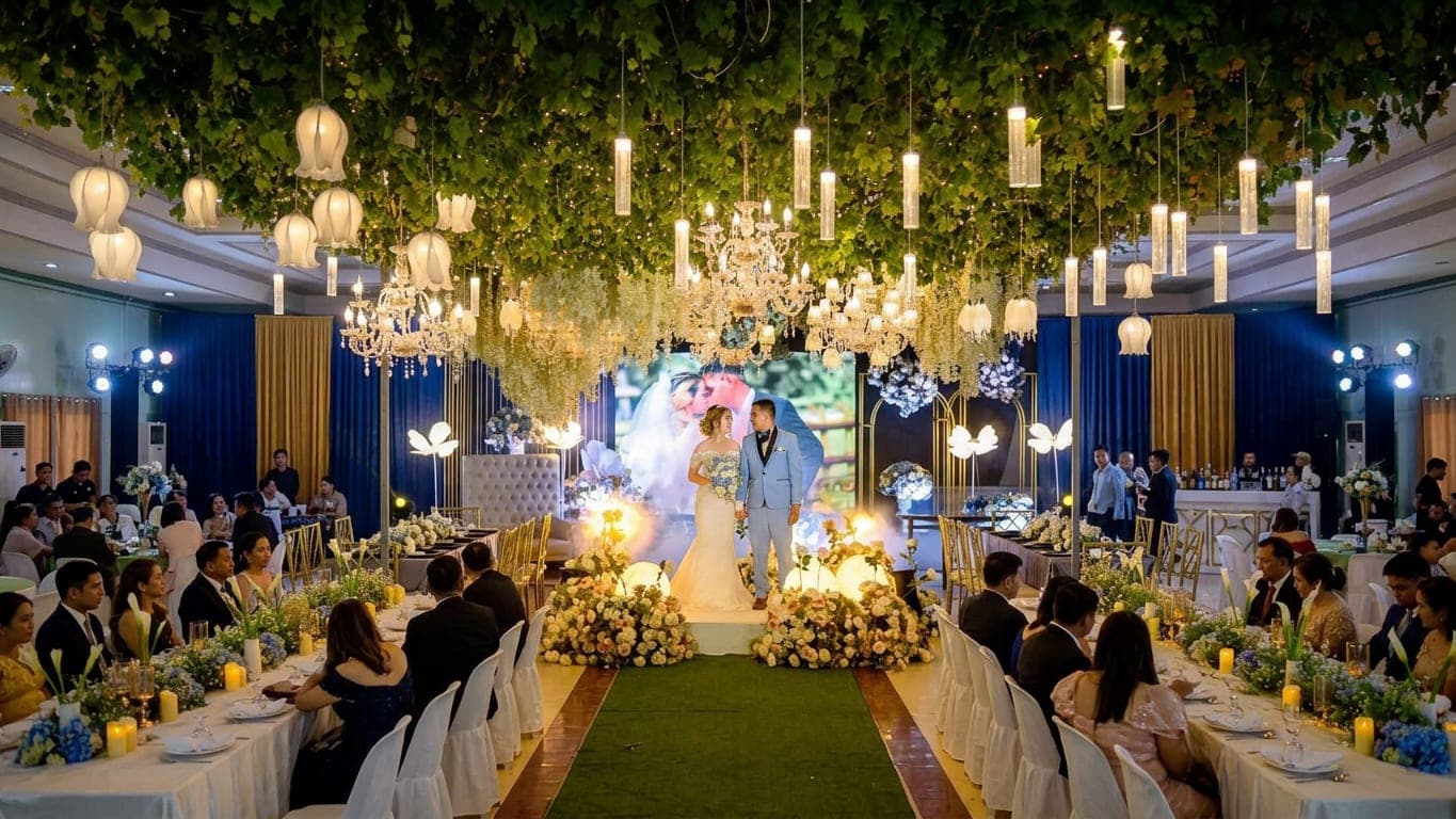 Newlyweds at an evening reception beneath hanging lanterns and greenery